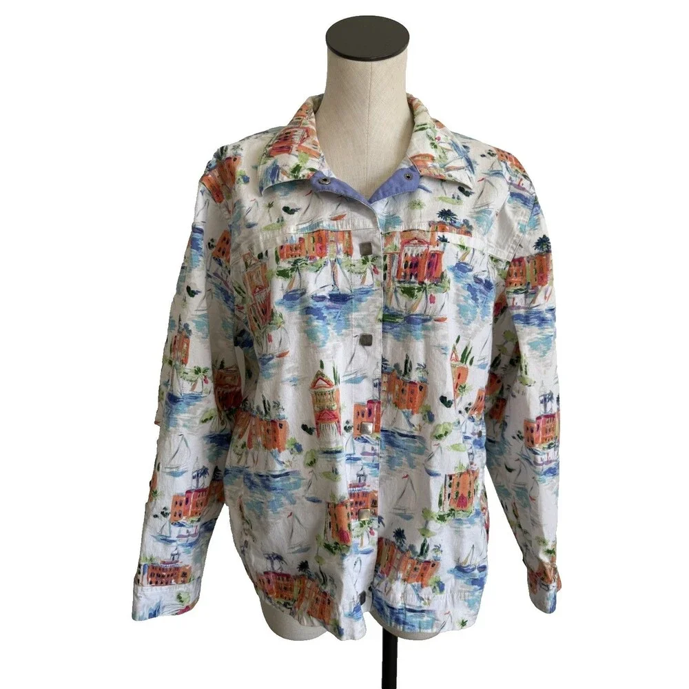 VTG CJ Banks Jacket Womens Size 2X Stretch Snap Button Artsy City White Print